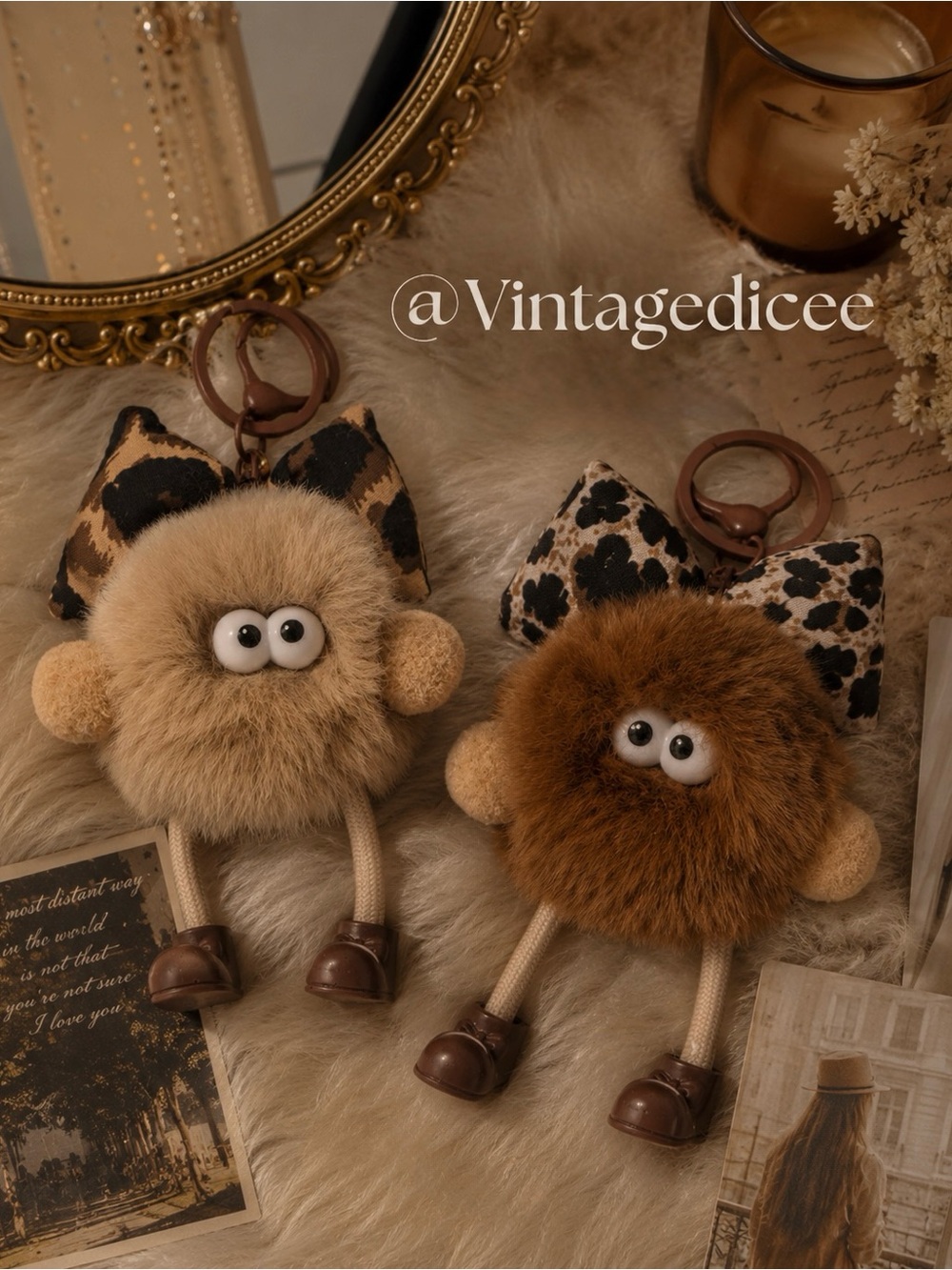 Pom Pom Leopard Bow Keychain - Tan & Brown